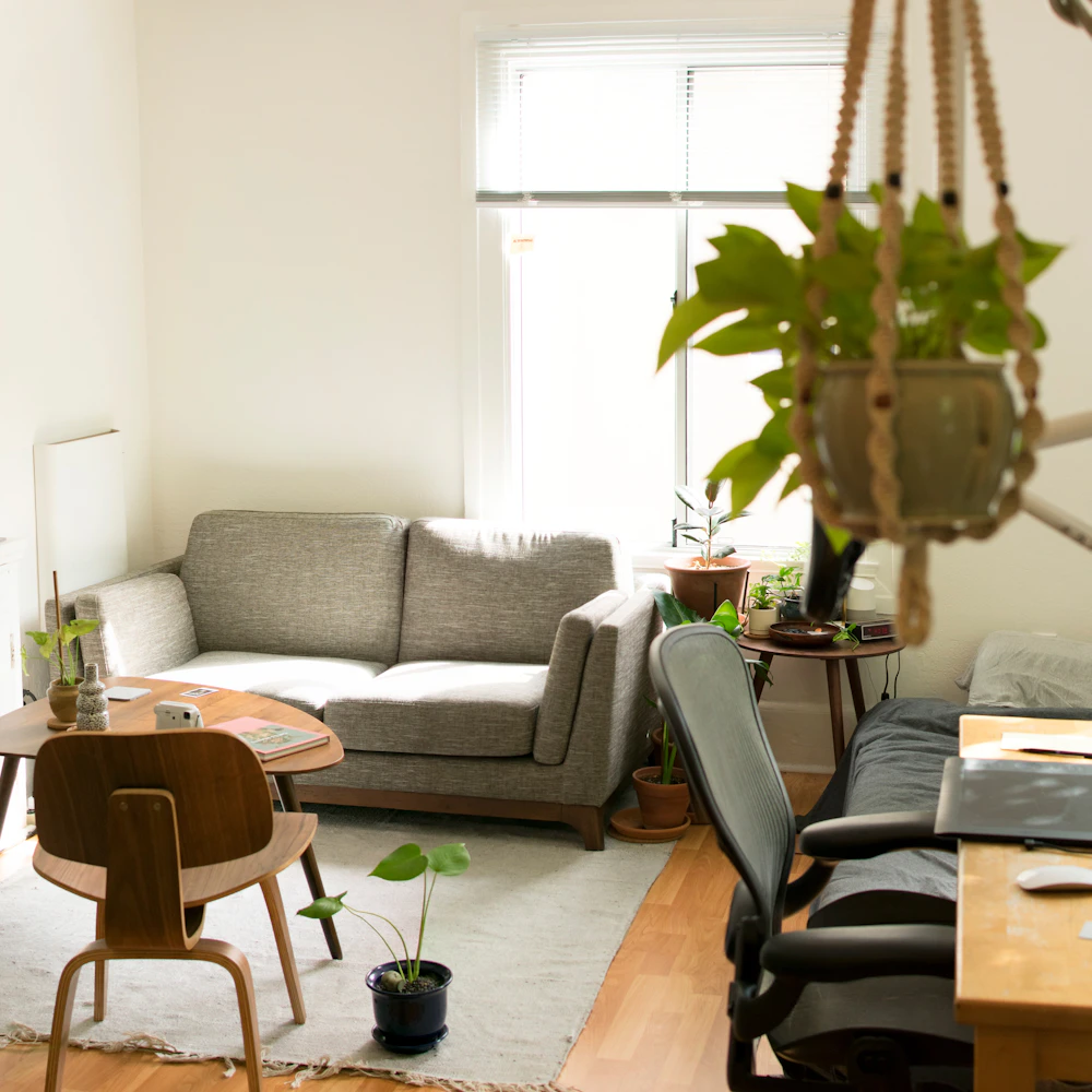 Studio suite with a sofa, desk and plants set up for a long stay